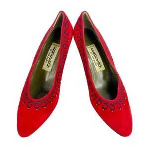 Georges Rech Luxury Suede Kitten Heels Women's 37 Pumps Red 6.5 Embroidered EUC
